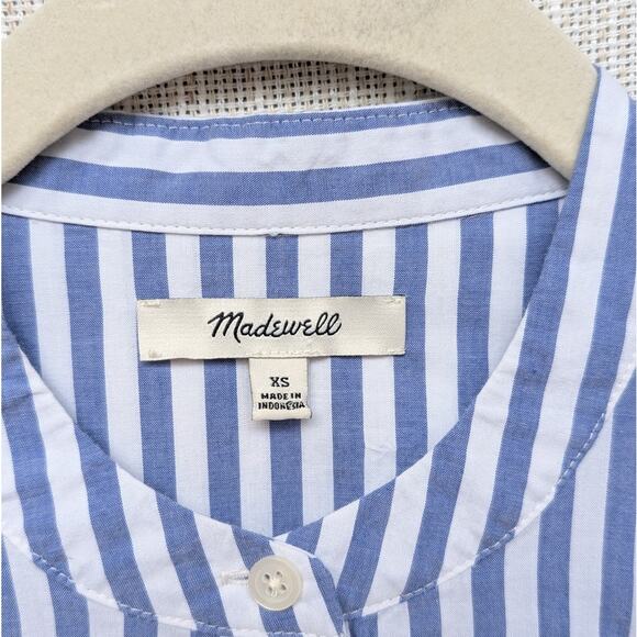 Madewell Blue Striped Cotton Ruffle Front Blouse Button-up Shirt, size XS - Picture 3 of 7